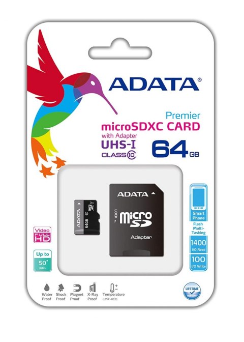 Karta pamięci ADATA microSDXC Premier 64GB UHS-1/class10 + adapter ( AUSDX64GUICL10-RA1)