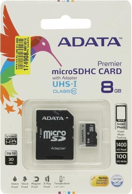 Karta pamięci MicroSD ADATA SDHC 8GB Class 10 + adapter (AUSDH8GUICL10-RA1)